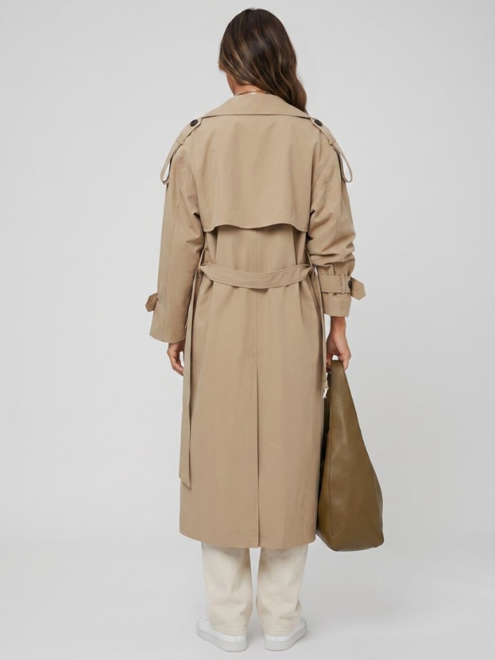 Women's Khaki Oversized Belted Trench Coat Long Double Breasted Jacket - Picture 2 of 4